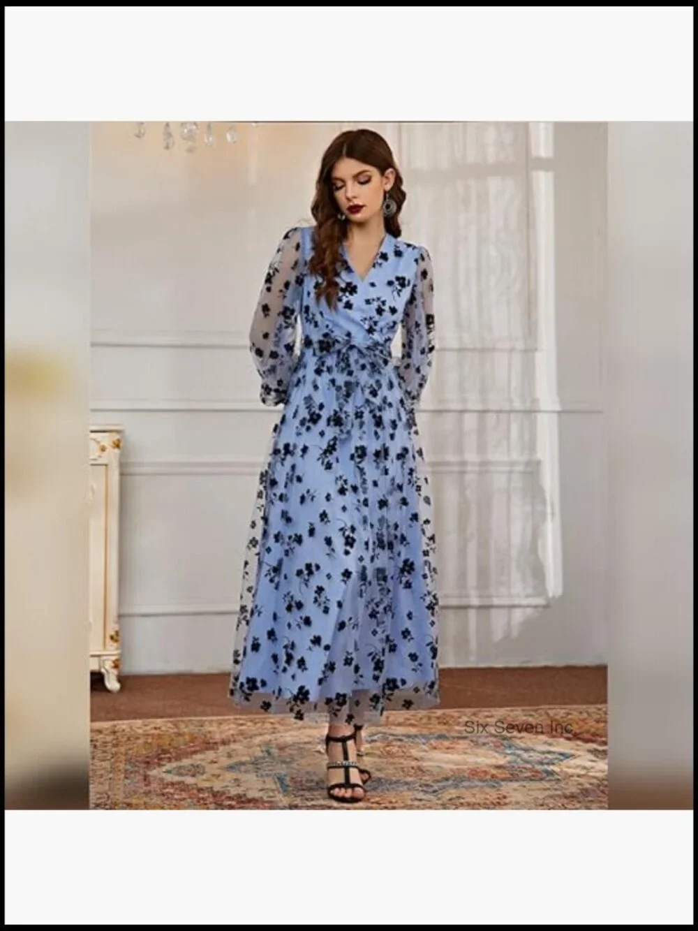 Floral Embroidered Tulle Maxi Dress with Puff Sleeves for Formal Occasions - Picture 5 of 6